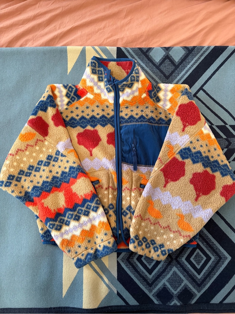 Urban Outfitters Multicolor Sherpa Jacket - Tan, Red, Blue, Orange